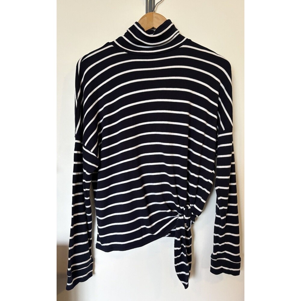 J Crew Navy White Stripe Tie Side Turtleneck Long Sleeve Top Size Medium